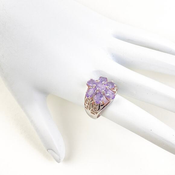 Ring Purple Flower Faceted Synthetic Amethyst Silver Tone Thai Fashion Vintage - Picture 4 of 14